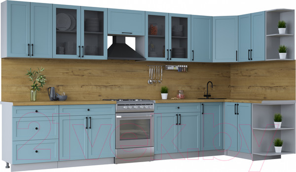 Изображение товара Кухонный гарнитур Интерлиния Тренд 1.5x3.8 правая (океан/океан/дуб бунратти)