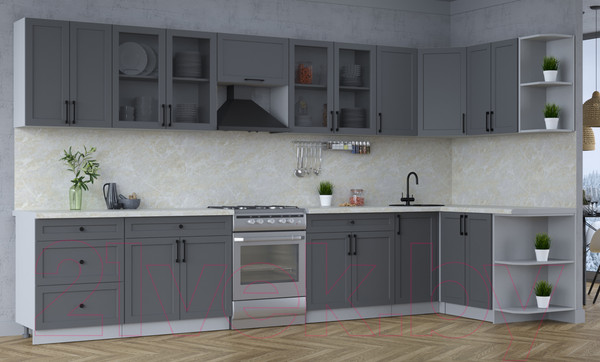 Изображение товара Кухонный гарнитур Интерлиния Тренд 1.5x3.8 правая (пепел/пепел/опал светлый)