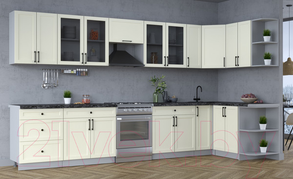 Изображение товара Кухонный гарнитур Интерлиния Тренд 1.5x3.7 правая (белый/белый/кастилло темный)