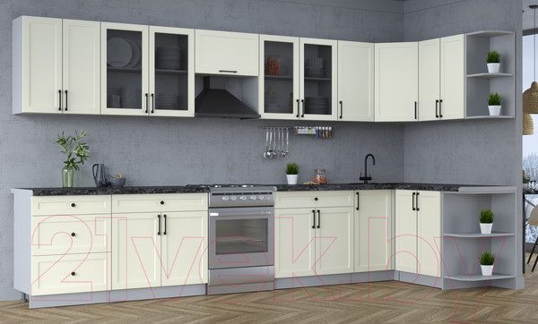 Изображение товара Кухонный гарнитур Интерлиния Тренд 1.5x3.8 правая (белый/белый/кастилло темный)