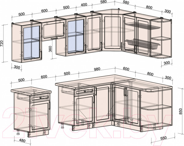 Изображение товара Кухонный гарнитур Интерлиния Тренд 1.7x2.6 правая (луна/белый/серый каспий)