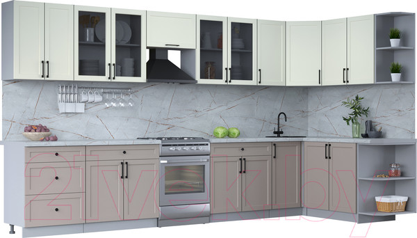 Изображение товара Кухонный гарнитур Интерлиния Тренд 1.7x3.8 правая (луна/белый/серый каспий)