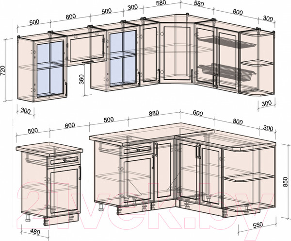 Изображение товара Кухонный гарнитур Интерлиния Тренд 1.7x2.5 правая (луна/луна/бискайская сосна)