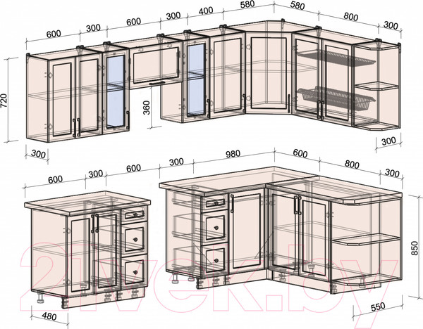 Изображение товара Кухонный гарнитур Интерлиния Тренд 1.7x2.8 правая (луна/луна/бискайская сосна)