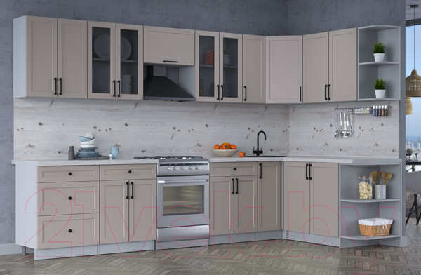 Изображение товара Кухонный гарнитур Интерлиния Тренд 1.7x3.3 правая (луна/луна/бискайская сосна)