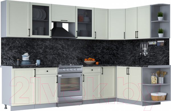 Изображение товара Кухонный гарнитур Интерлиния Тренд 1.7x3.1 правая (белый/белый/кастилло темный)