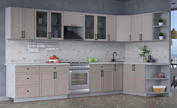 Изображение товара Кухонный гарнитур Интерлиния Тренд 1.7x3.7 правая (луна/луна/бискайская сосна)