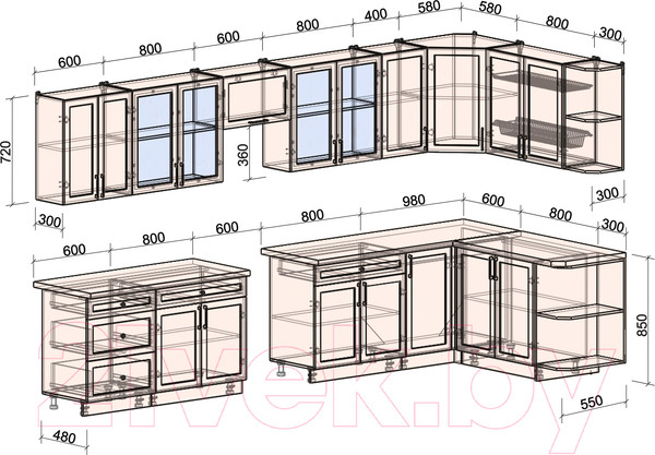 Изображение товара Кухонный гарнитур Интерлиния Тренд 1.7x3.8 правая (луна/луна/бискайская сосна)