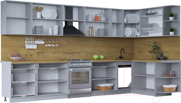 Изображение товара Кухонный гарнитур Интерлиния Тренд 1.7x3.8 правая (луна/луна/бискайская сосна)