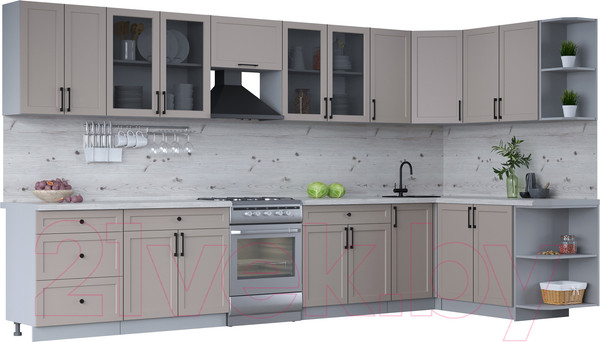 Изображение товара Кухонный гарнитур Интерлиния Тренд 1.7x3.8 правая (луна/луна/бискайская сосна)