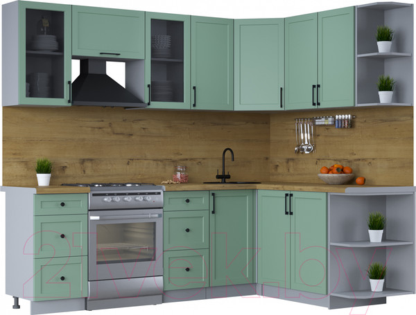 Изображение товара Кухонный гарнитур Интерлиния Тренд 1.7x2.4 правая (мята/мята/дуб бунратти)