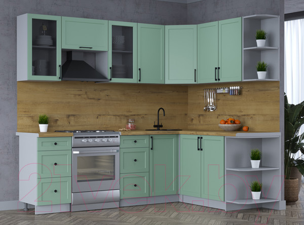 Изображение товара Кухонный гарнитур Интерлиния Тренд 1.7x2.4 правая (мята/мята/дуб бунратти)