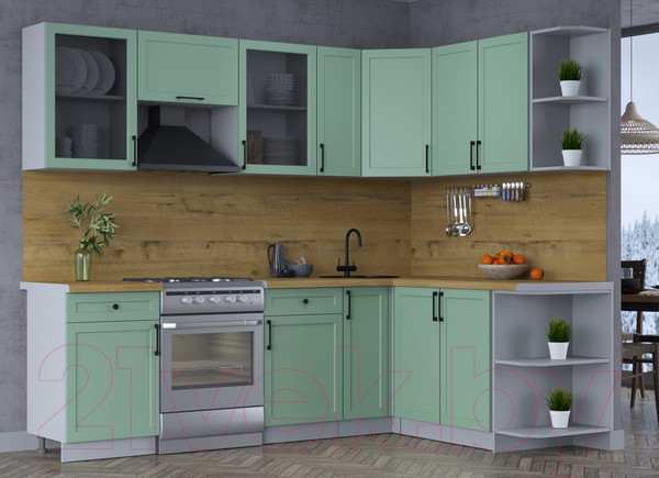 Изображение товара Кухонный гарнитур Интерлиния Тренд 1.7x2.5 правая (мята/мята/дуб бунратти)