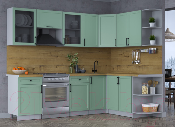 Изображение товара Кухонный гарнитур Интерлиния Тренд 1.7x2.6 правая (мята/мята/дуб бунратти)
