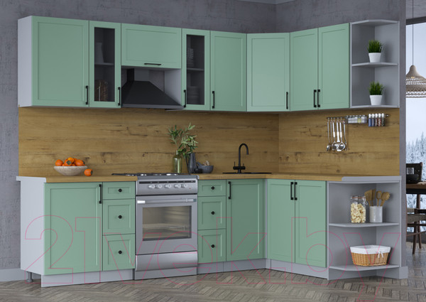 Изображение товара Кухонный гарнитур Интерлиния Тренд 1.7x2.7 правая (мята/мята/дуб бунратти)