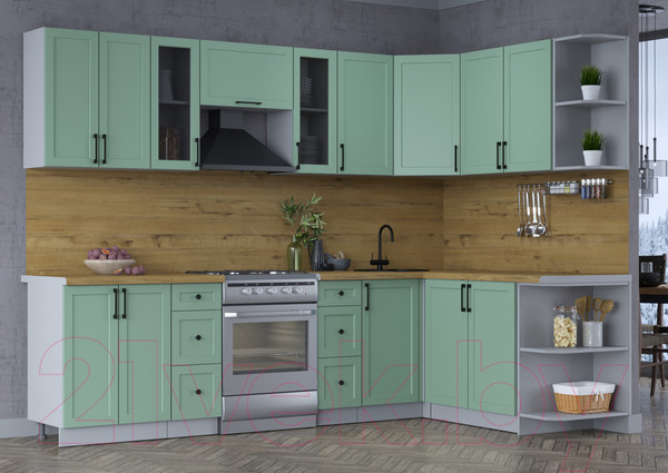 Изображение товара Кухонный гарнитур Интерлиния Тренд 1.7x2.8 правая (мята/мята/дуб бунратти)