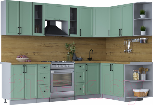 Изображение товара Кухонный гарнитур Интерлиния Тренд 1.7x2.8 правая (мята/мята/дуб бунратти)