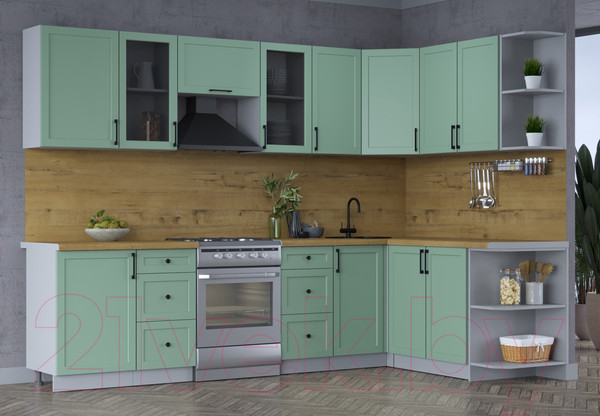Изображение товара Кухонный гарнитур Интерлиния Тренд 1.7x2.9 правая (мята/мята/дуб бунратти)
