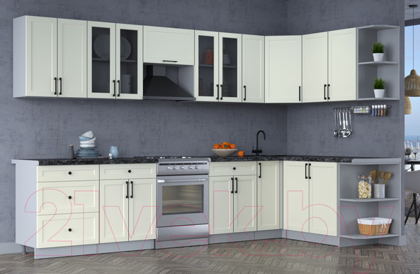 Изображение товара Кухонный гарнитур Интерлиния Тренд 1.7x3.3 правая (белый/белый/кастилло темный)