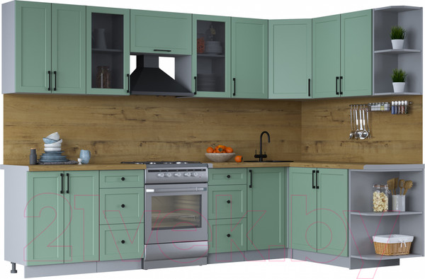 Изображение товара Кухонный гарнитур Интерлиния Тренд 1.7x3.0 правая (мята/мята/дуб бунратти)