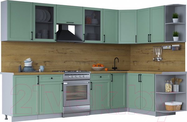 Изображение товара Кухонный гарнитур Интерлиния Тренд 1.7x3.1 правая (мята/мята/дуб бунратти)
