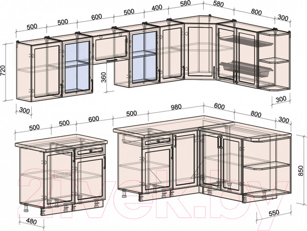 Изображение товара Кухонный гарнитур Интерлиния Тренд 1.7x3.1 правая (мята/мята/дуб бунратти)