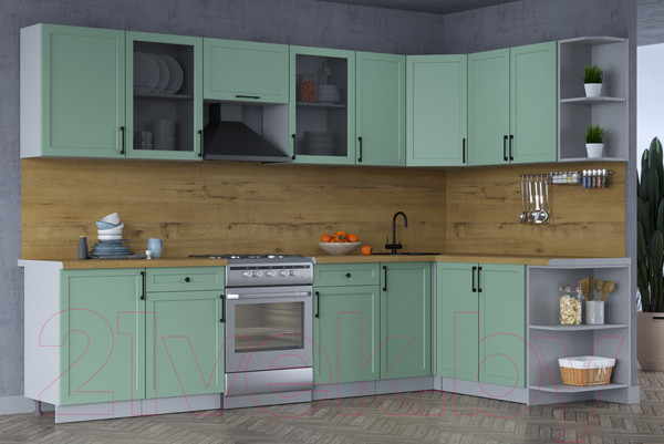 Изображение товара Кухонный гарнитур Интерлиния Тренд 1.7x3.1 правая (мята/мята/дуб бунратти)