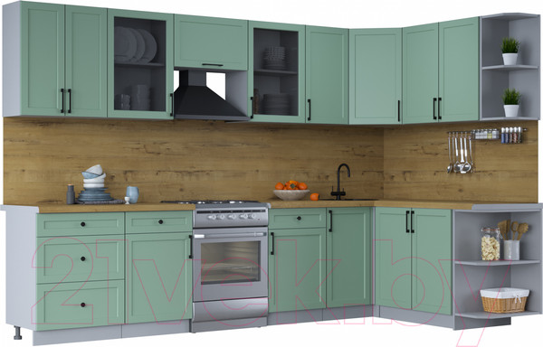 Изображение товара Кухонный гарнитур Интерлиния Тренд 1.7x3.2 правая (мята/мята/дуб бунратти)