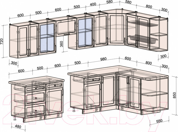 Изображение товара Кухонный гарнитур Интерлиния Тренд 1.7x3.2 правая (мята/мята/дуб бунратти)