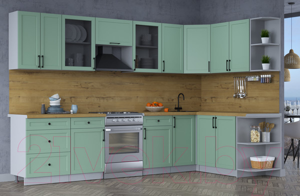 Изображение товара Кухонный гарнитур Интерлиния Тренд 1.7x3.2 правая (мята/мята/дуб бунратти)