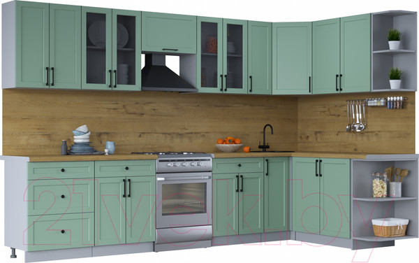 Изображение товара Кухонный гарнитур Интерлиния Тренд 1.7x3.3 правая (мята/мята/дуб бунратти)