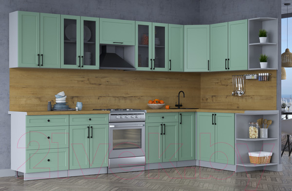 Изображение товара Кухонный гарнитур Интерлиния Тренд 1.7x3.3 правая (мята/мята/дуб бунратти)