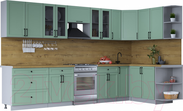 Изображение товара Кухонный гарнитур Интерлиния Тренд 1.7x3.5 правая (мята/мята/дуб бунратти)