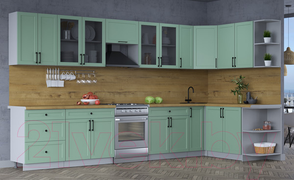 Изображение товара Кухонный гарнитур Интерлиния Тренд 1.7x3.7 правая (мята/мята/дуб бунратти)
