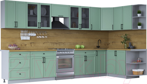 Изображение товара Кухонный гарнитур Интерлиния Тренд 1.7x3.8 правая (мята/мята/дуб бунратти)
