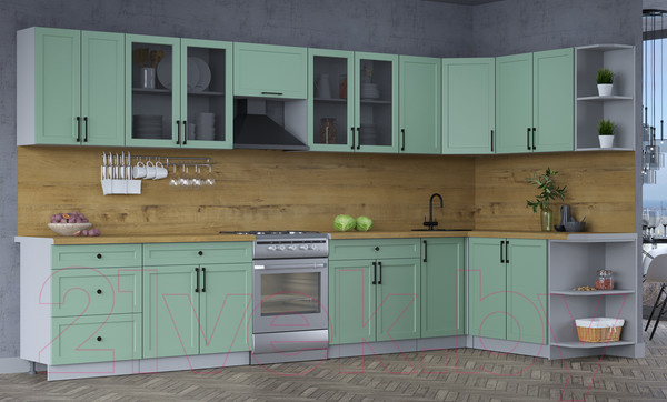 Изображение товара Кухонный гарнитур Интерлиния Тренд 1.7x3.8 правая (мята/мята/дуб бунратти)