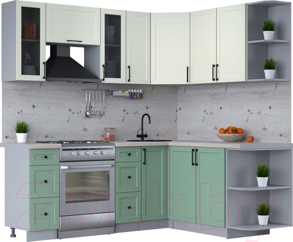Изображение товара Кухонный гарнитур Интерлиния Тренд 1.7x2.1 правая (мята/белый/бискайская сосна)