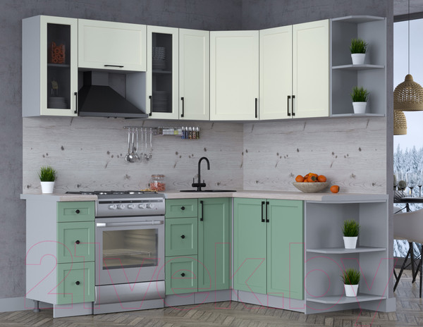 Изображение товара Кухонный гарнитур Интерлиния Тренд 1.7x2.1 правая (мята/белый/бискайская сосна)