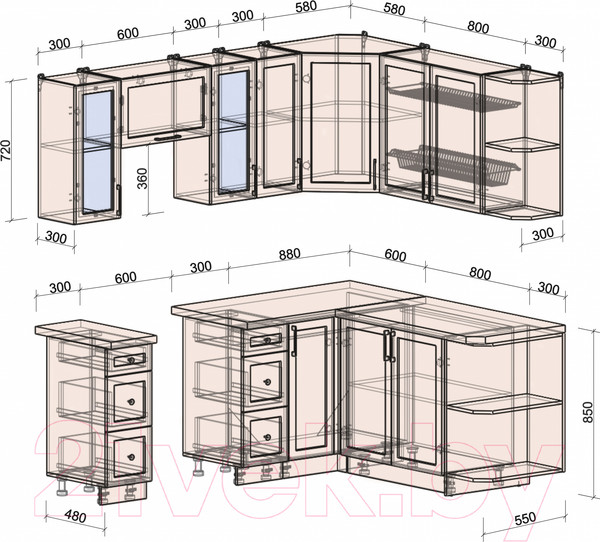 Изображение товара Кухонный гарнитур Интерлиния Тренд 1.7x2.1 правая (мята/белый/бискайская сосна)