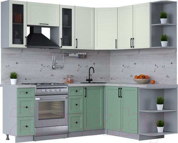 Изображение товара Кухонный гарнитур Интерлиния Тренд 1.7x2.2 правая (мята/белый/бискайская сосна)