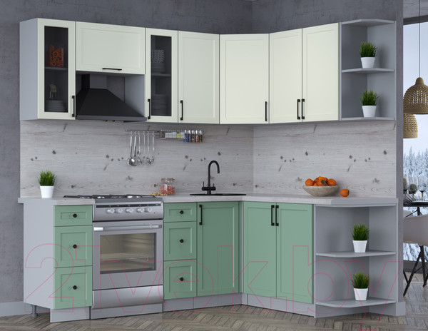 Изображение товара Кухонный гарнитур Интерлиния Тренд 1.7x2.2 правая (мята/белый/бискайская сосна)