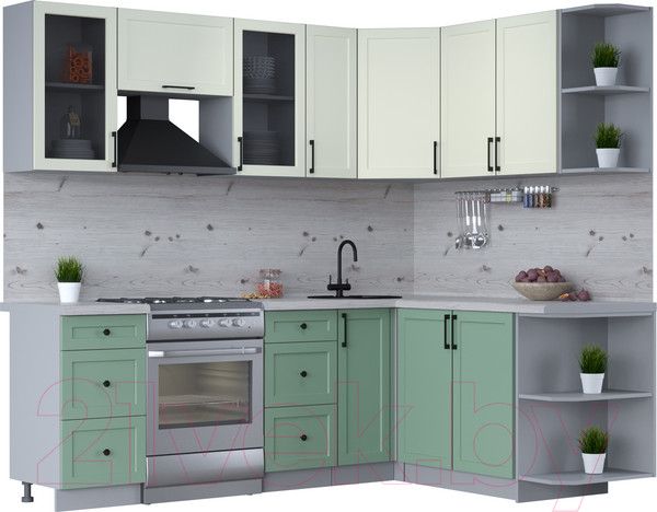 Изображение товара Кухонный гарнитур Интерлиния Тренд 1.7x2.3 правая (мята/белый/бискайская сосна)