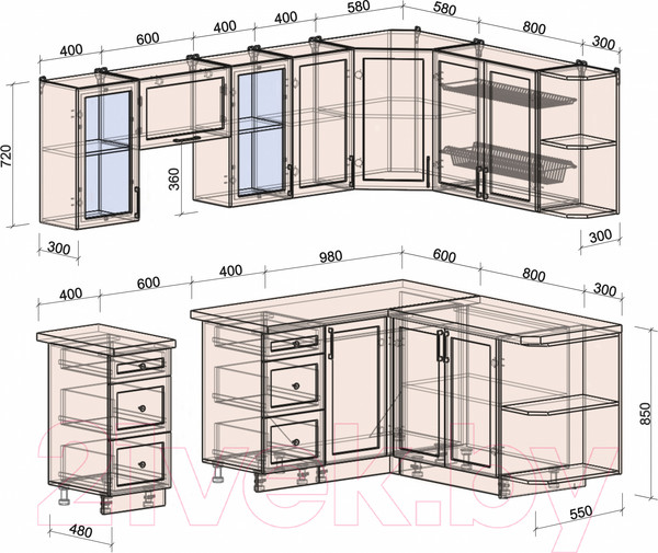 Изображение товара Кухонный гарнитур Интерлиния Тренд 1.7x2.4 правая (мята/белый/бискайская сосна)
