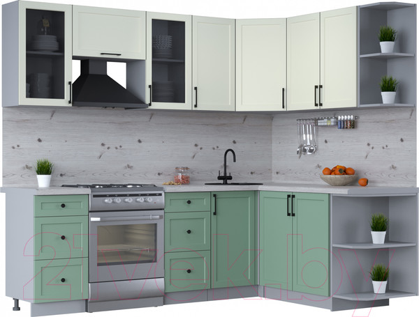 Изображение товара Кухонный гарнитур Интерлиния Тренд 1.7x2.4 правая (мята/белый/бискайская сосна)