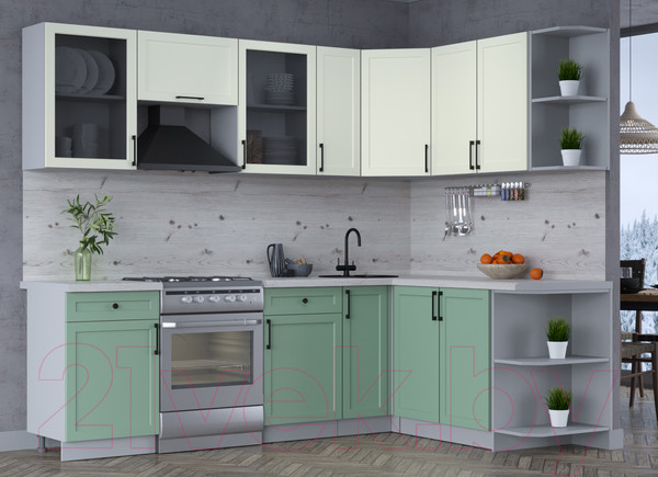 Изображение товара Кухонный гарнитур Интерлиния Тренд 1.7x2.5 правая (мята/белый/бискайская сосна)