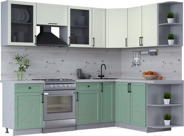 Изображение товара Кухонный гарнитур Интерлиния Тренд 1.7x2.5 правая (мята/белый/бискайская сосна)