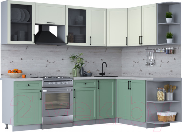 Изображение товара Кухонный гарнитур Интерлиния Тренд 1.7x2.6 правая (мята/белый/бискайская сосна)