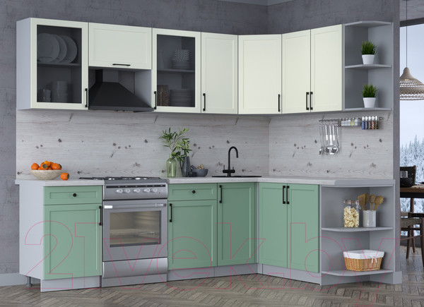 Изображение товара Кухонный гарнитур Интерлиния Тренд 1.7x2.6 правая (мята/белый/бискайская сосна)