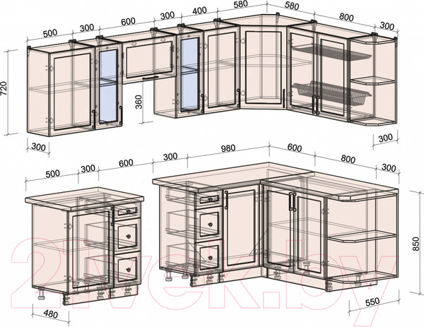 Изображение товара Кухонный гарнитур Интерлиния Тренд 1.7x2.7 правая (мята/белый/бискайская сосна)