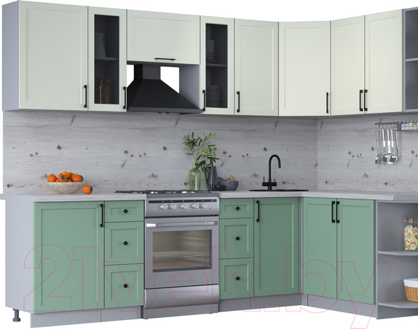 Изображение товара Кухонный гарнитур Интерлиния Тренд 1.7x2.7 правая (мята/белый/бискайская сосна)